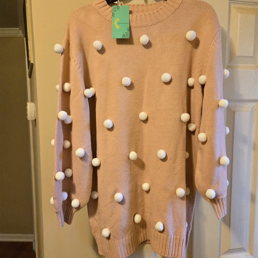 Sunshine & Rodeo L pink sweater with white pom poms on front & sleeves. Very fun